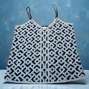 Parker Blue and White Geometric Intricately Beaded Camisole size small